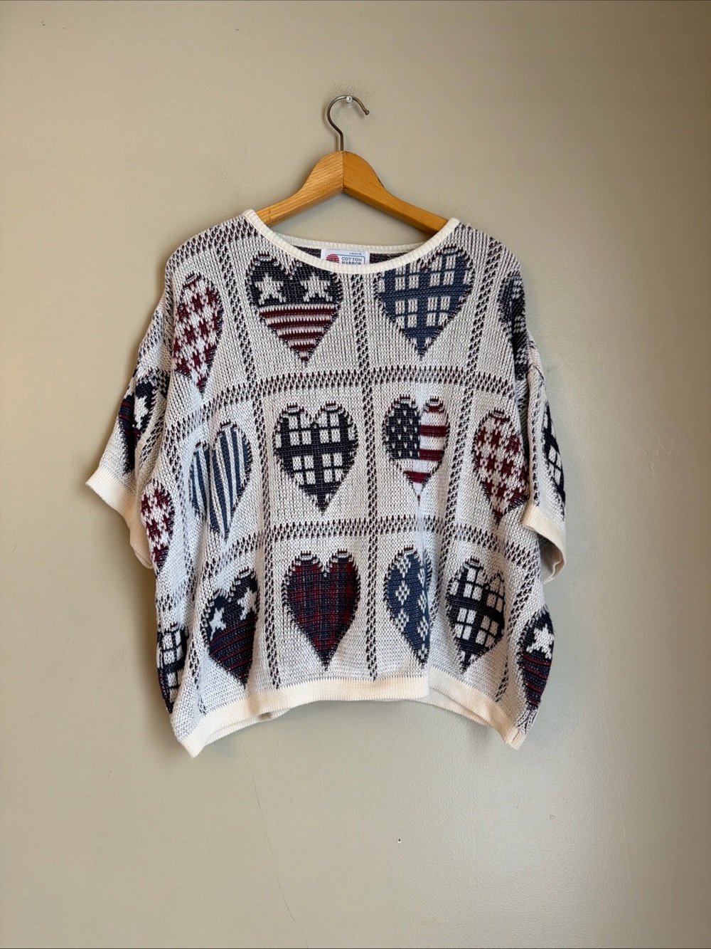 Vtg Cotton Harbor American Flag Heart Sweater Short Sleeve 4th Of July America L
